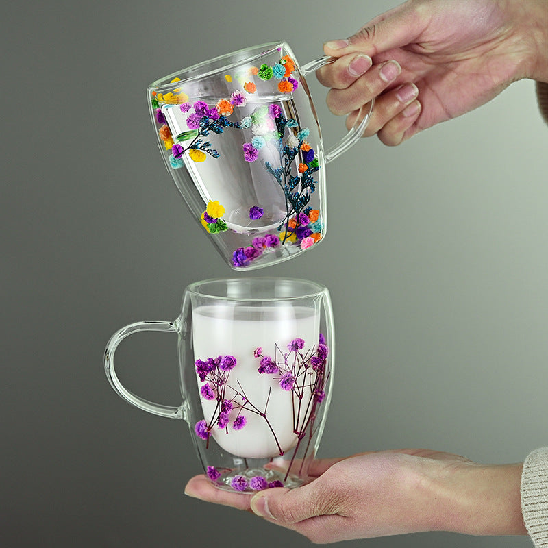 Taza Vidrio doble pared con Flores 350ml