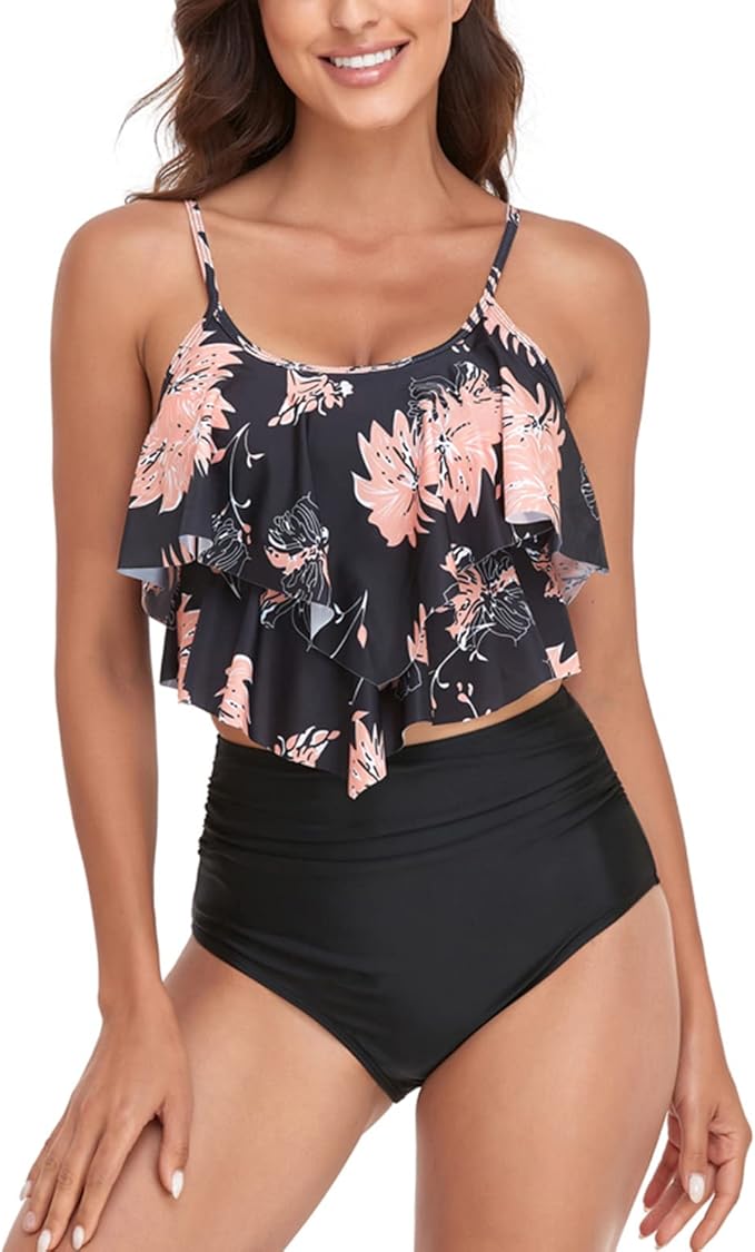 Malla Traje de Baño Bikini con Volados Tiro Alto