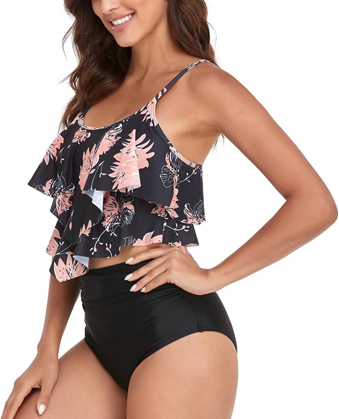 Malla Traje de Baño Bikini con Volados Tiro Alto