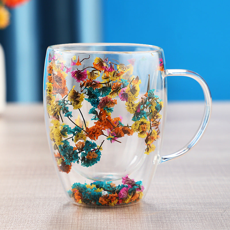 Taza Vidrio doble pared con Flores 350ml