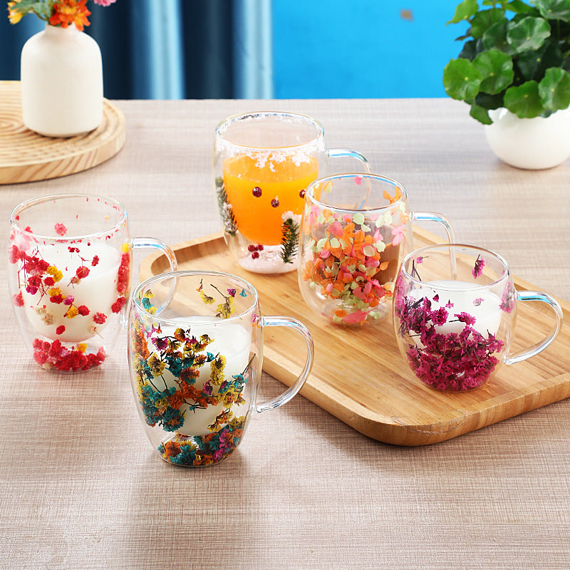Taza Vidrio doble pared con Flores 350ml