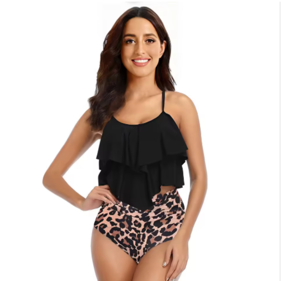 Malla Traje de Baño Bikini con Volados Tiro Alto